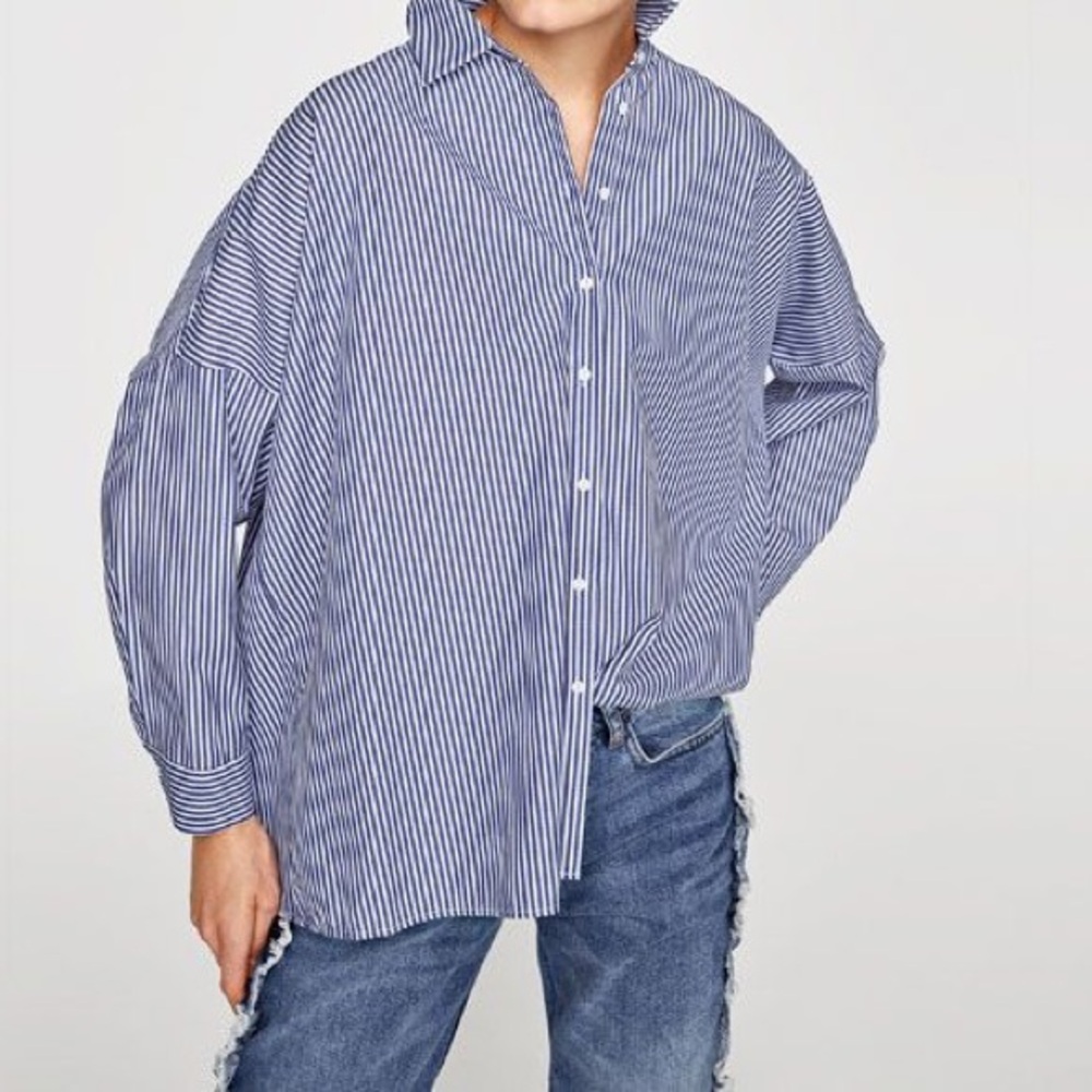 Zara Blue Striped Button Down Long Sleeve Oversized Shirt Blue Stripes